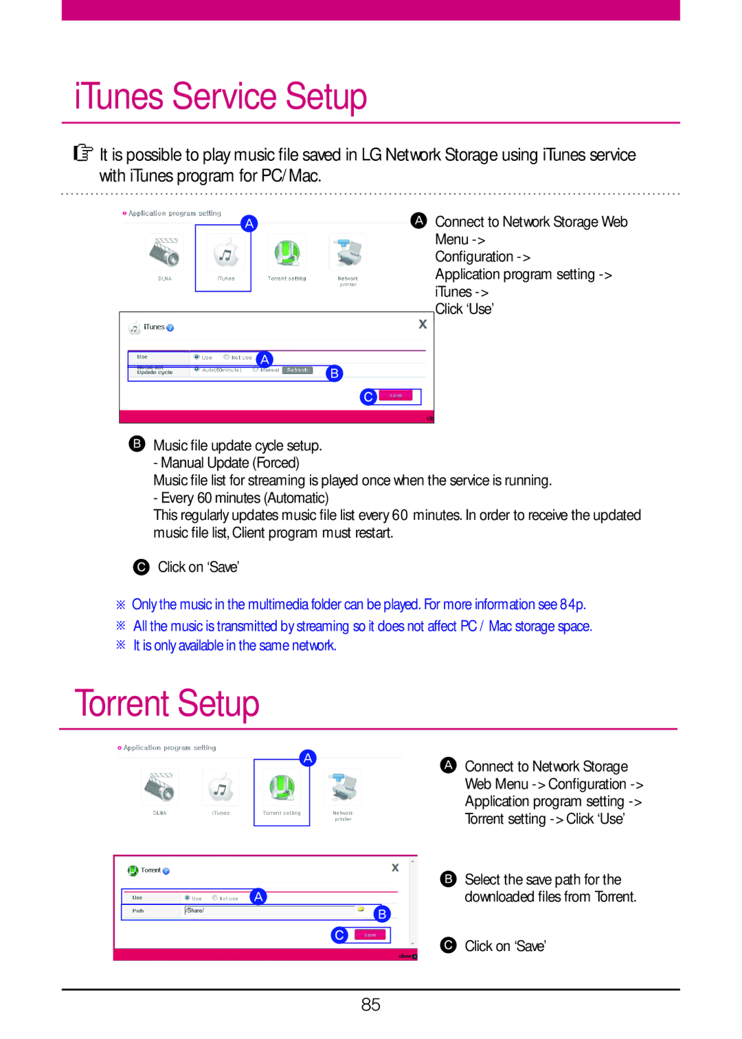 LG Electronics N1A1, N2R5, N2A2 ITunes Service Setup, Torrent Setup, Torrent setting Click ‘Use’, Select the save path for 