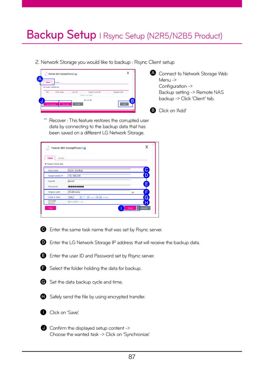 LG Electronics N1T1, N2R5 Network Storage you would like to backup Rsync Client setup, Menu, Backup setting Remote NAS 