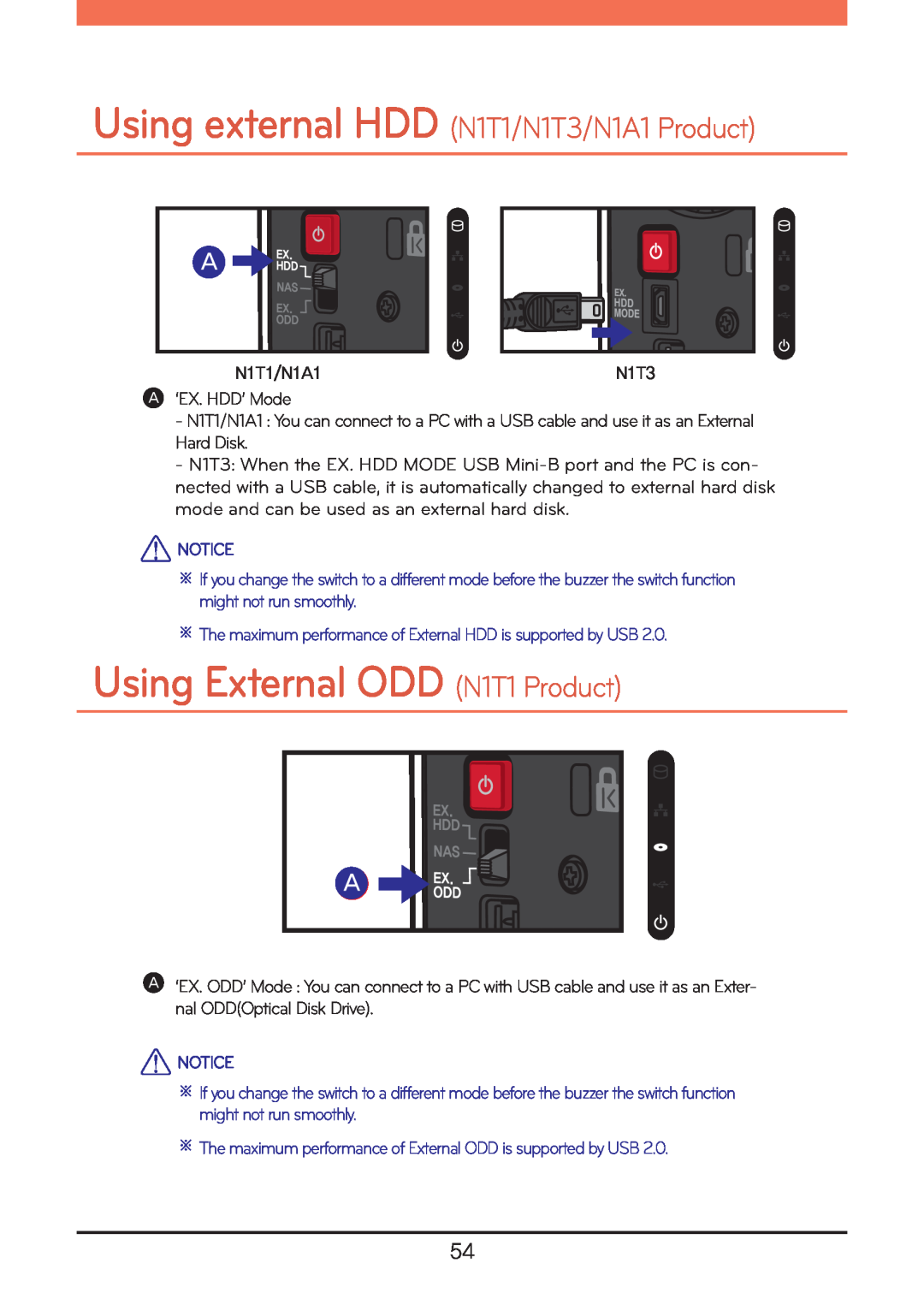 LG Electronics N2R5, N2A2, N2B5 owner manual Using External ODD N1T1 Product, Using external HDD N1T1/N1T3/N1A1 Product 
