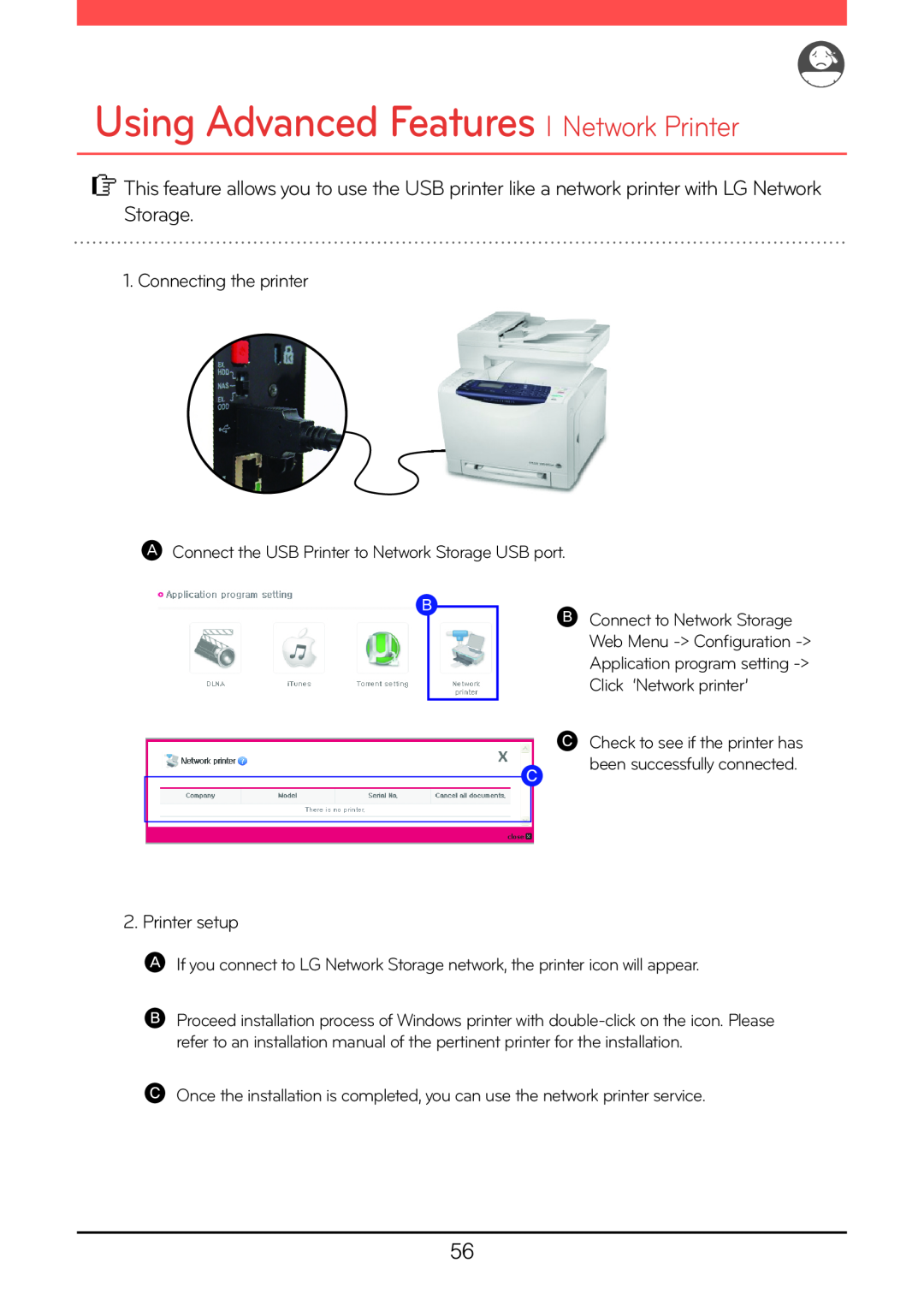 LG Electronics N2A2, N2R5, N1A1, N1T1, N1T3 Using Advanced Features l Network Printer, Connecting the printer, Printer setup 