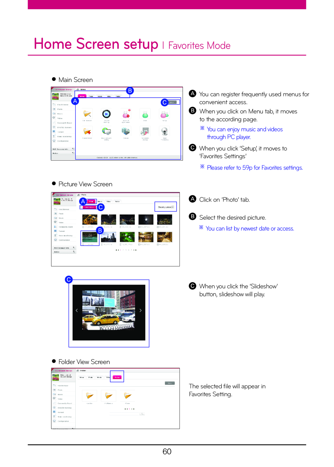LG Electronics N2R5, N1A1, N2A2 Home Screen setup l Favorites Mode, Main Screen, Picture View Screen, Folder View Screen 