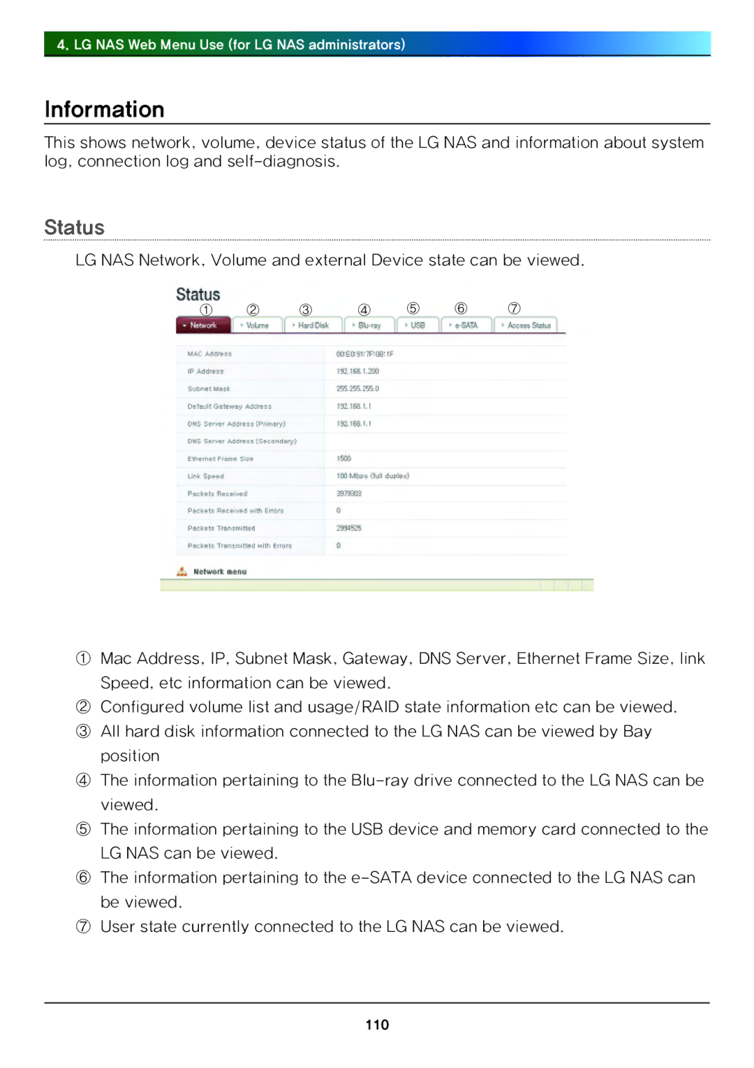 LG Electronics N4B1 manual Information, Status 