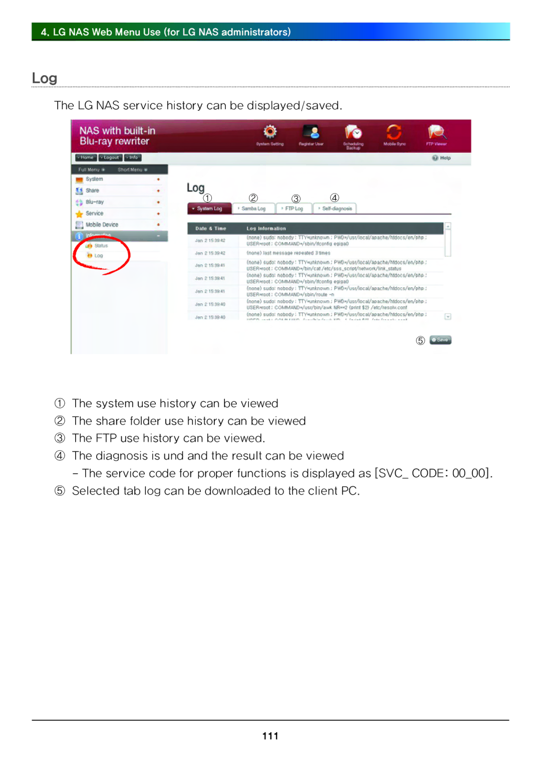 LG Electronics N4B1 manual Log 