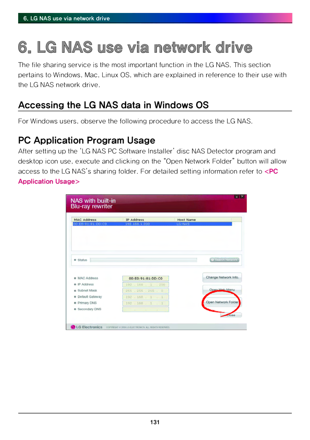 LG Electronics N4B1 manual Accessing the LG NAS data in Windows OS, PC Application Program Usage 