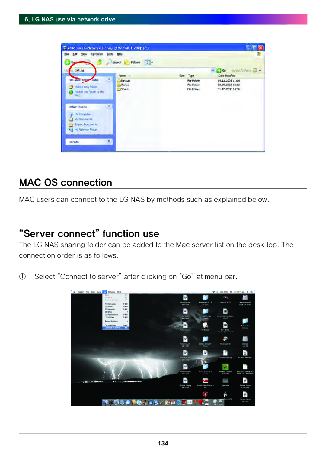 LG Electronics N4B1 manual MAC OS connection, Server connect function use 