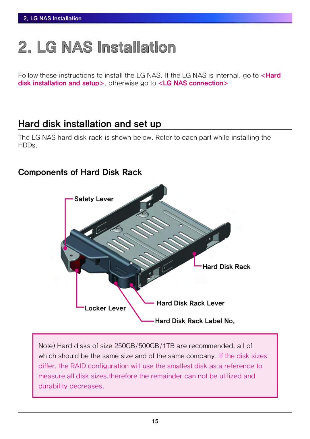 LG Electronics N4B1 manual LG NAS Installation, Hard disk installation and set up 