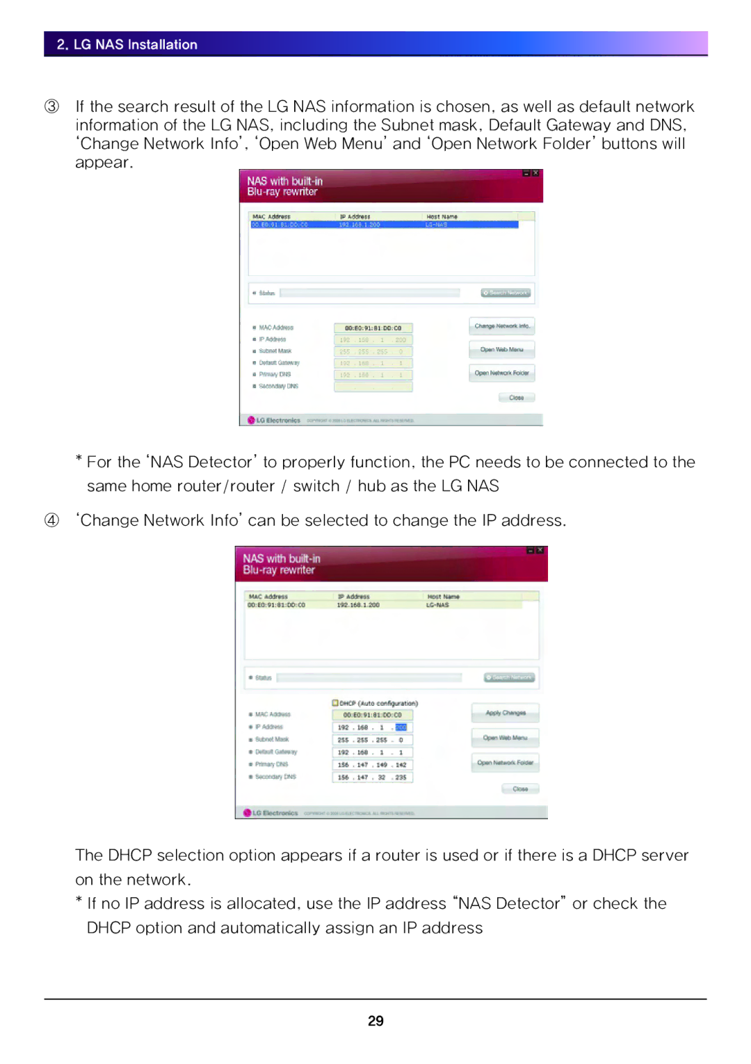 LG Electronics N4B1 manual LG NAS Installation 