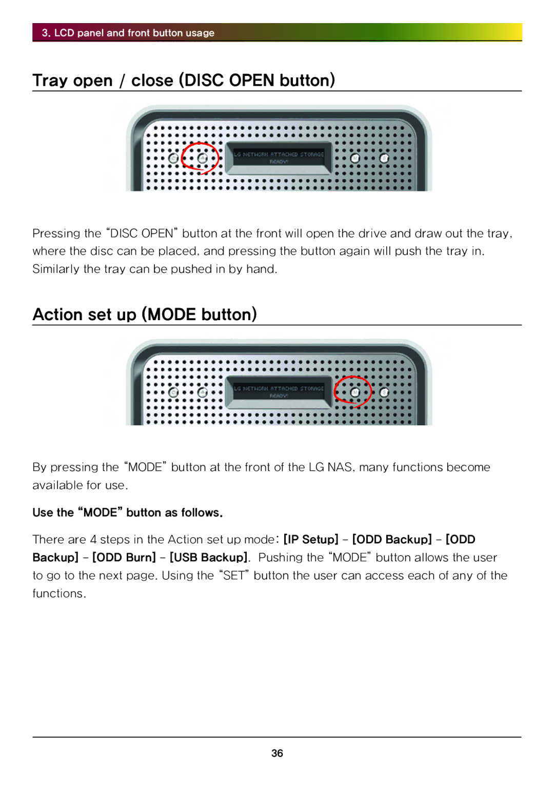 LG Electronics N4B1 manual Tray open / close Disc Open button, Action set up Mode button 