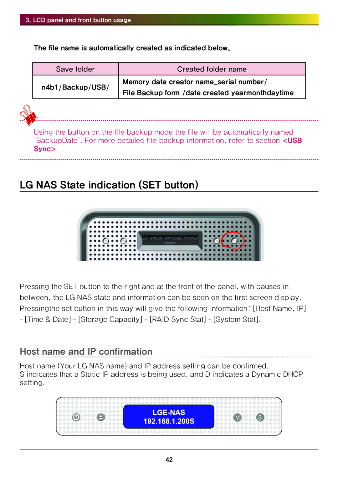 LG Electronics N4B1 manual LG NAS State indication SET button, Host name and IP confirmation 