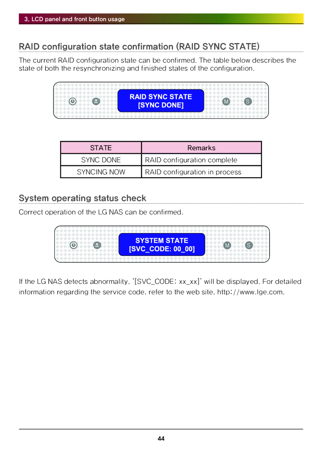 LG Electronics N4B1 manual RAID configuration state confirmation RAID Sync State, System operating status check 