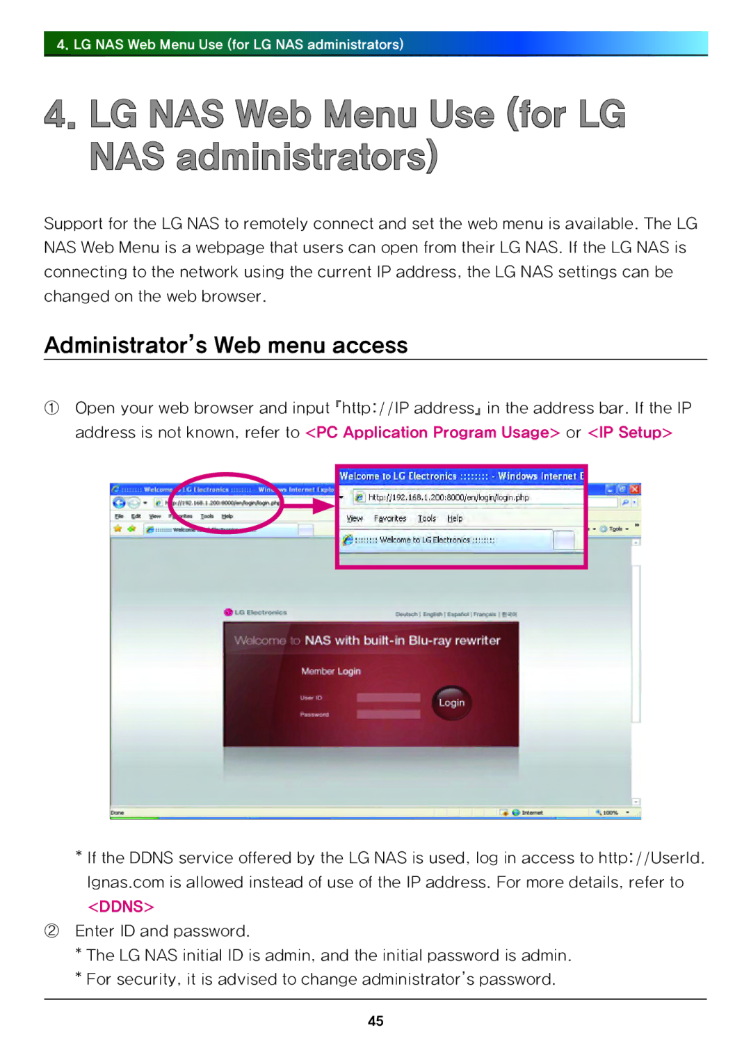 LG Electronics N4B1 manual LG NAS Web Menu Use for LG NAS administrators, Administrator’s Web menu access 