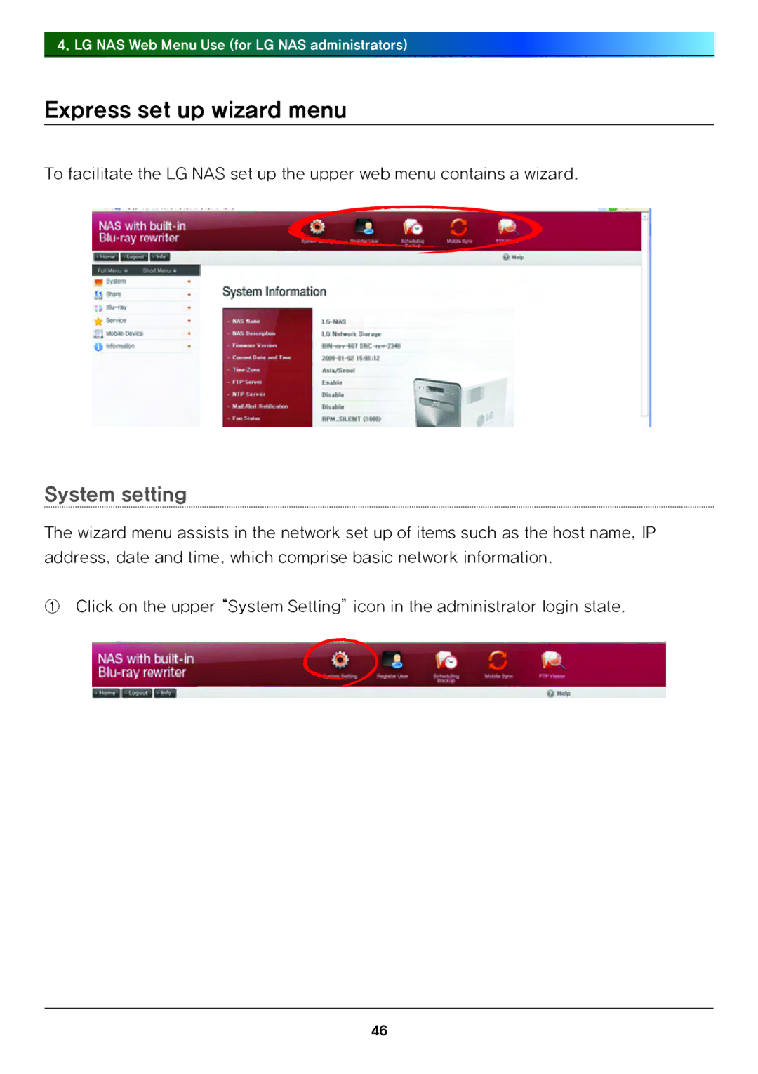 LG Electronics N4B1 manual Express set up wizard menu, System setting 