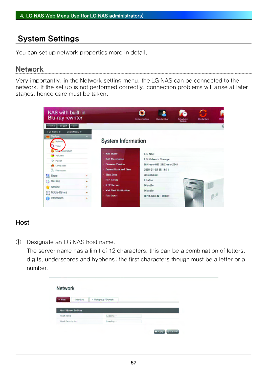 LG Electronics N4B1 manual System Settings, Network, Host 