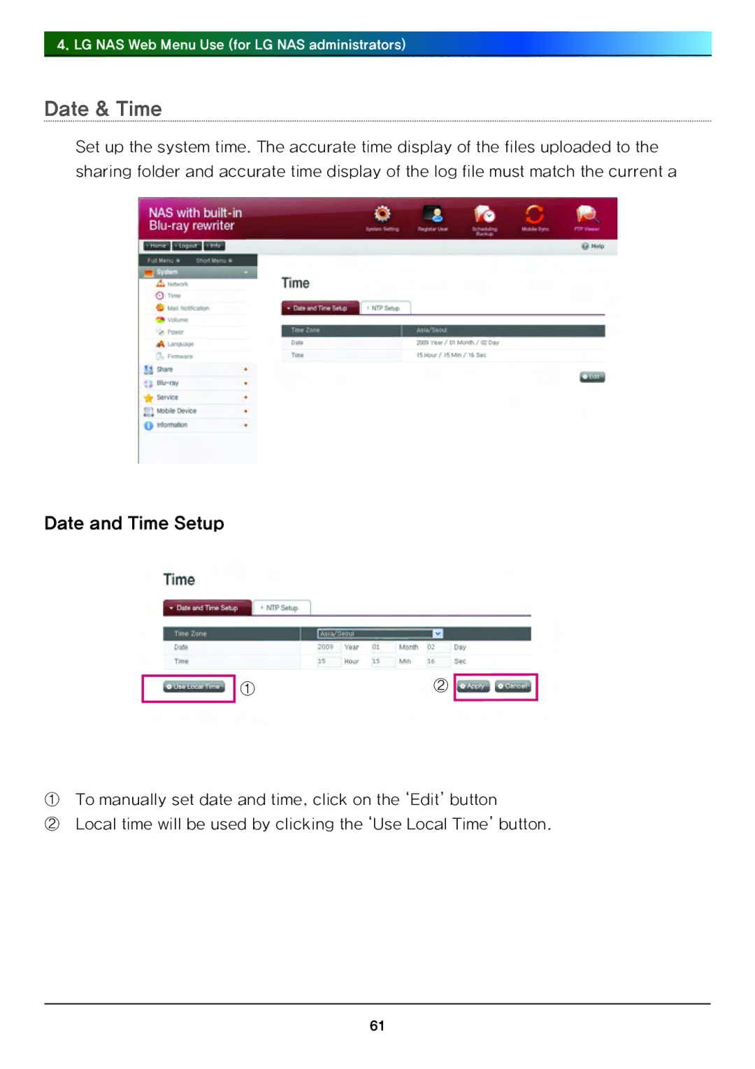 LG Electronics N4B1 manual Date & Time, Date and Time Setup 