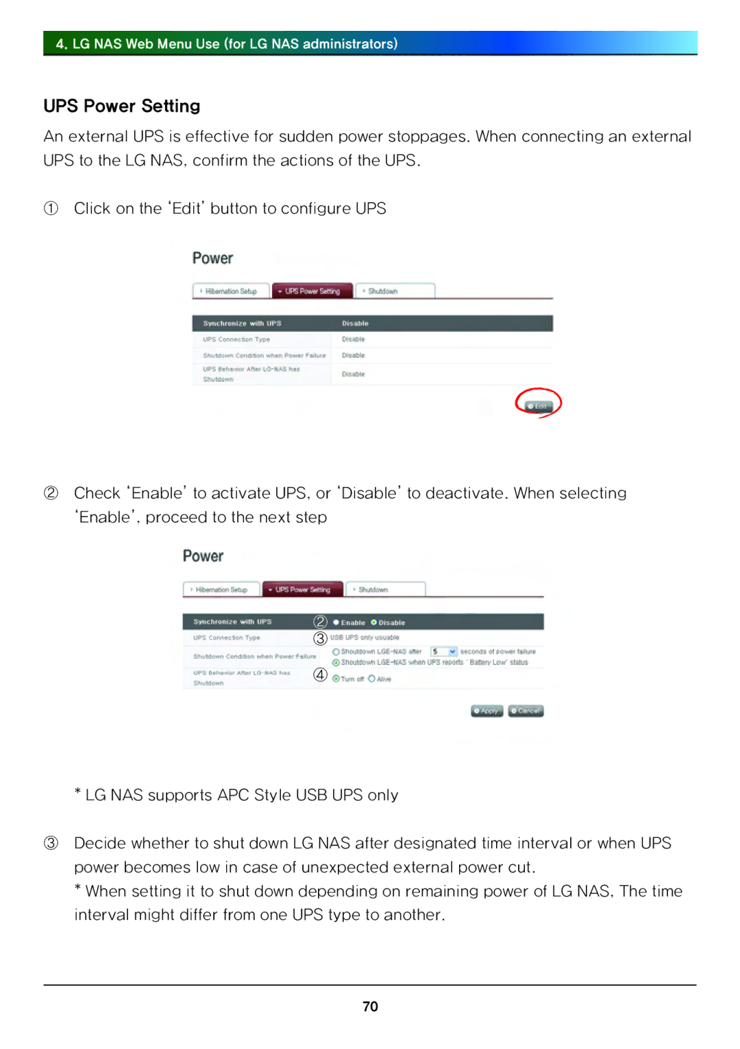 LG Electronics N4B1 manual UPS Power Setting 