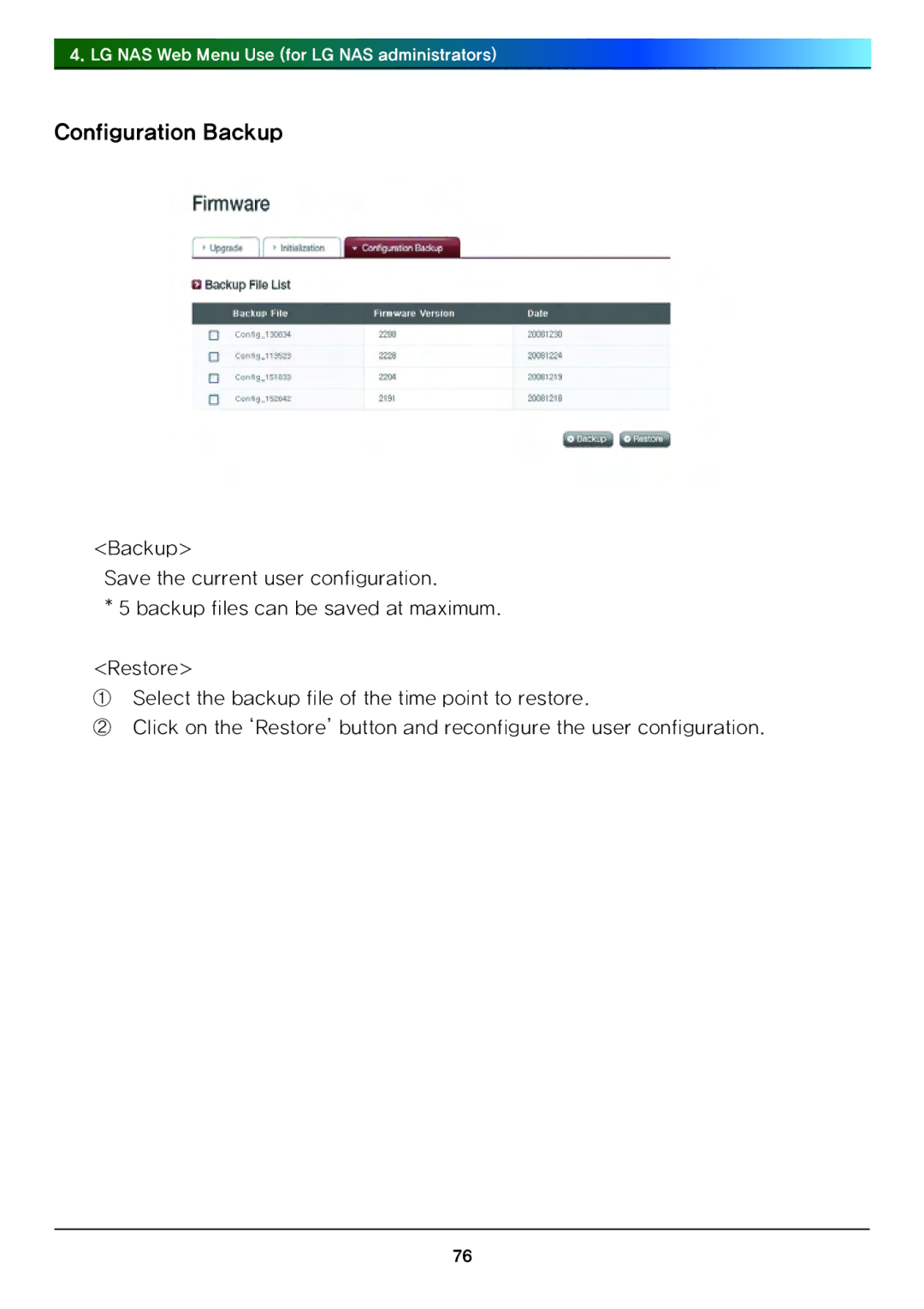 LG Electronics N4B1 manual Configuration Backup 