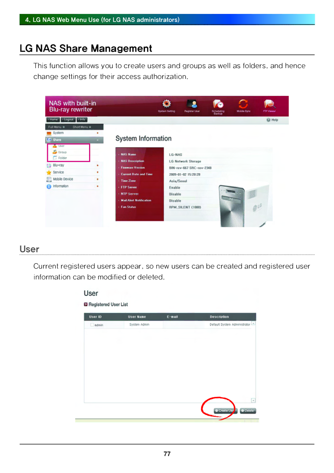 LG Electronics N4B1 manual LG NAS Share Management, User 