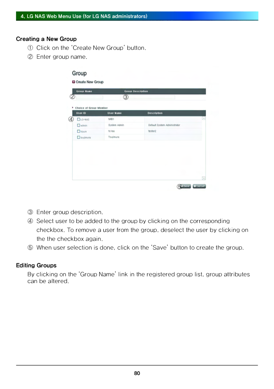 LG Electronics N4B1 manual LG NAS Web Menu Use for LG NAS administrators 