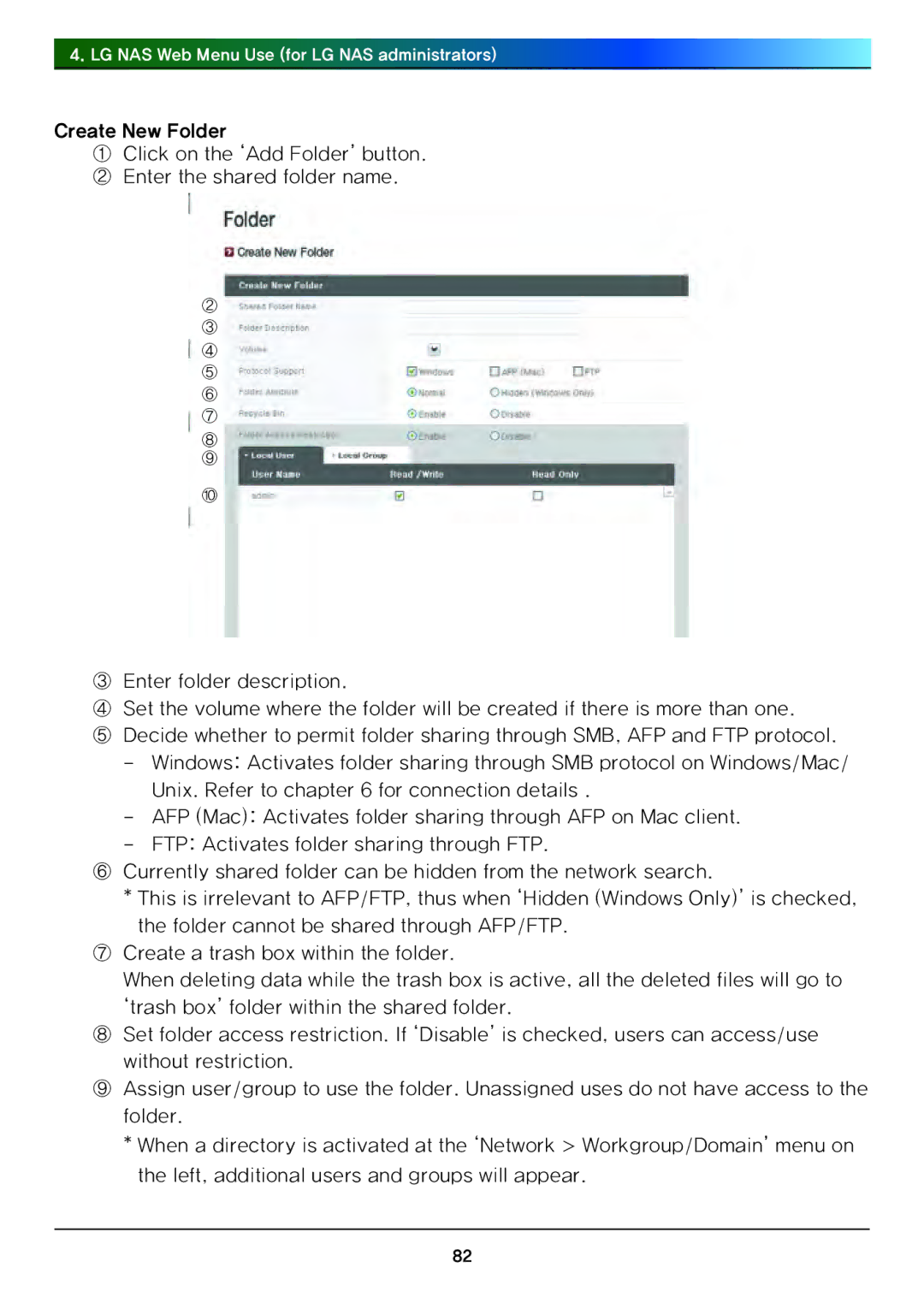 LG Electronics N4B1 manual LG NAS Web Menu Use for LG NAS administrators 