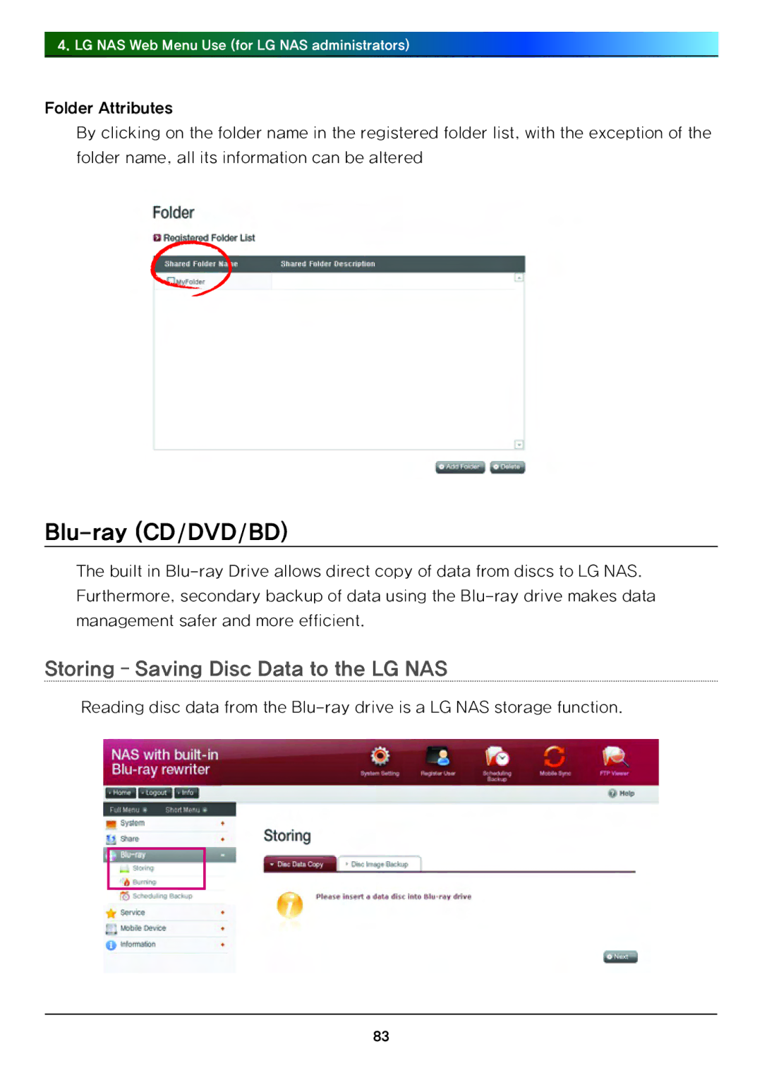 LG Electronics N4B1 manual Blu-ray CD/DVD/BD, Storing Saving Disc Data to the LG NAS 