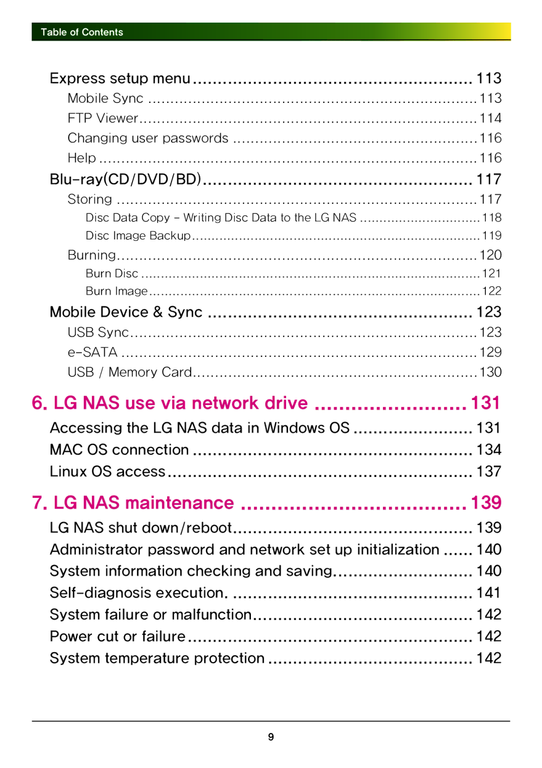 LG Electronics N4B1 manual Storing 117, Burning 120, USB Sync 123 Sata 129 USB / Memory Card 130 