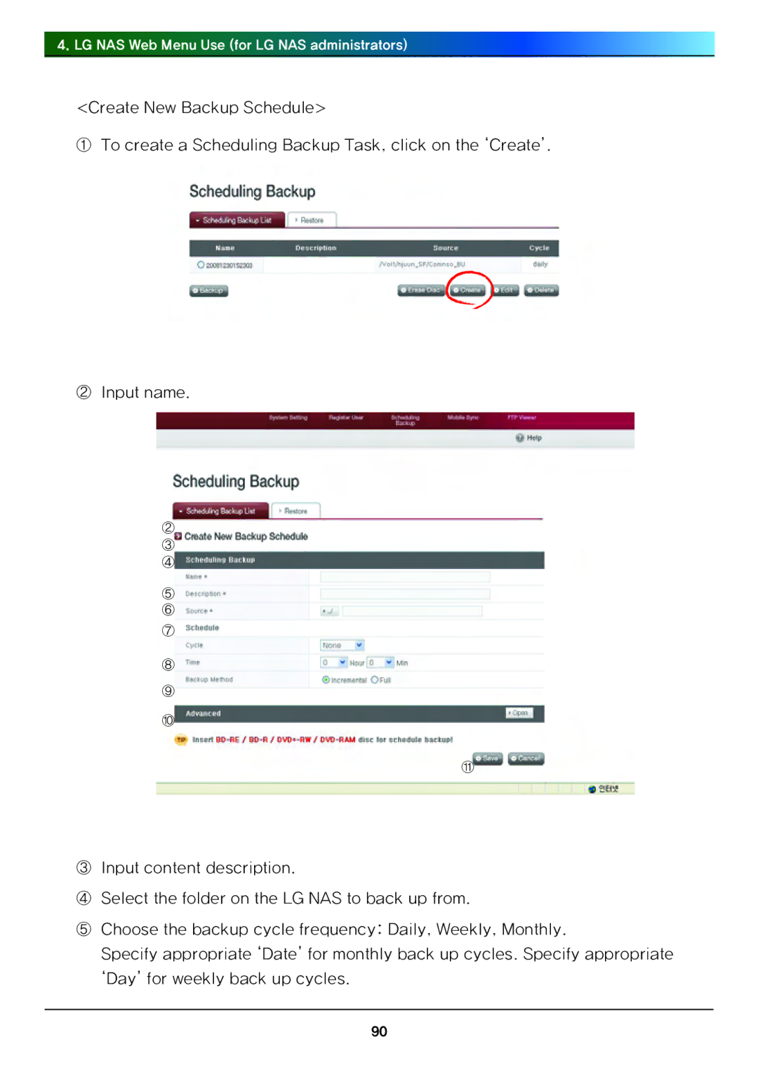 LG Electronics N4B1 manual LG NAS Web Menu Use for LG NAS administrators 