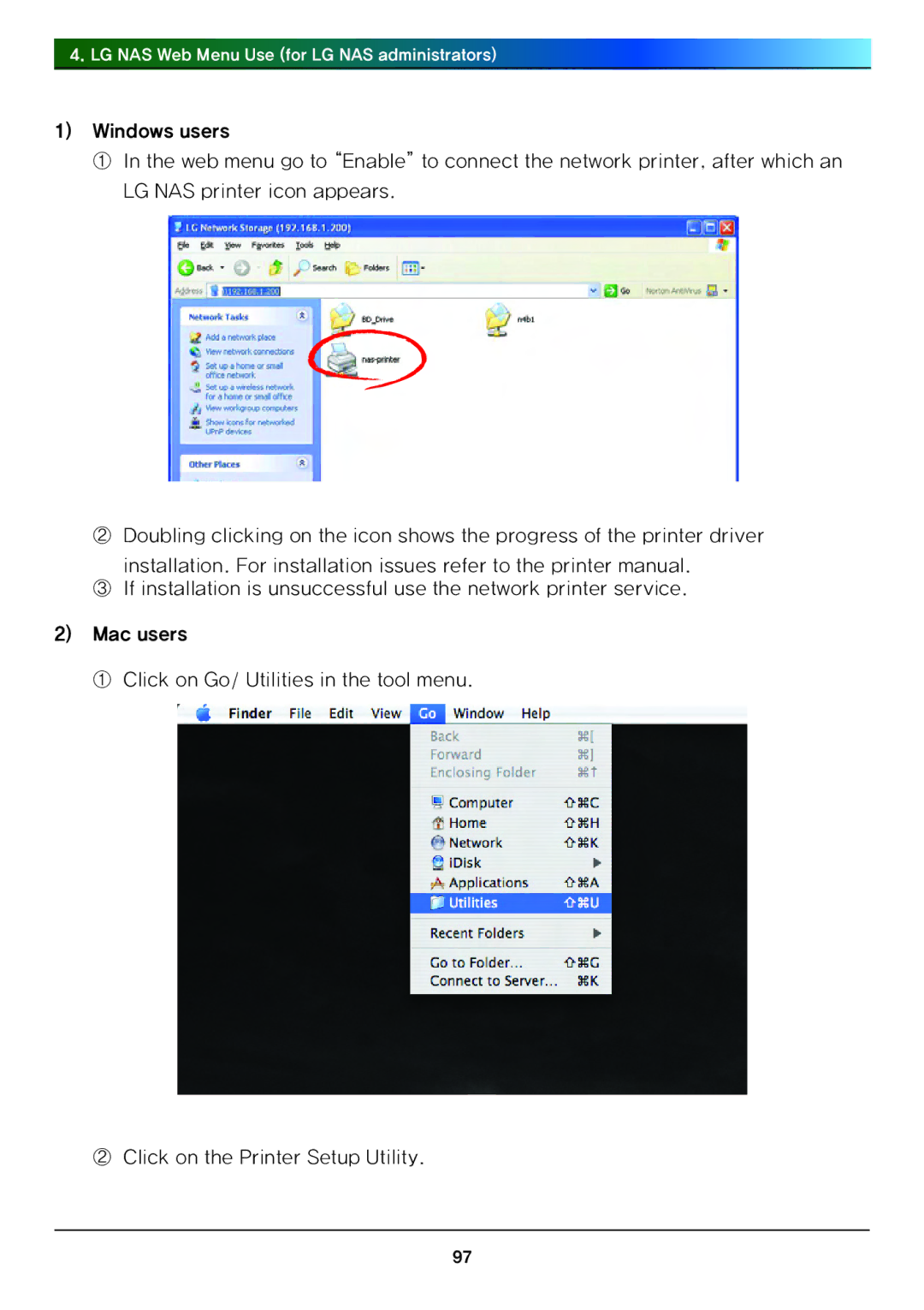 LG Electronics N4B1 manual LG NAS Web Menu Use for LG NAS administrators 