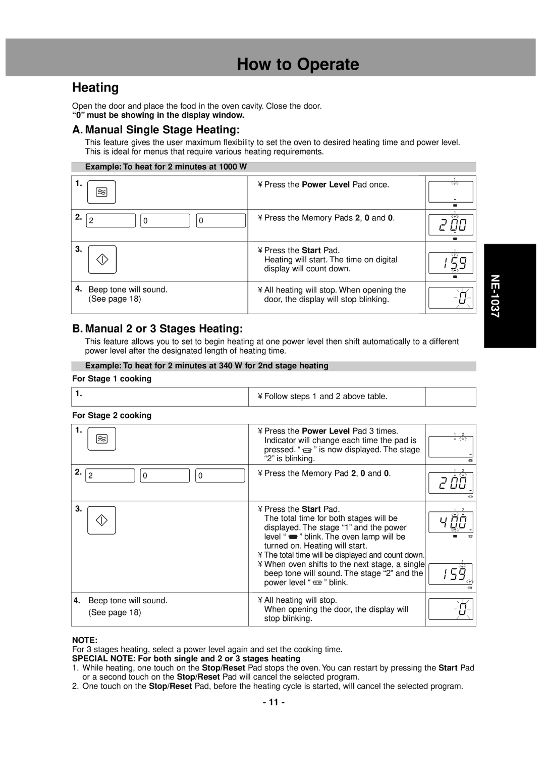 LG Electronics NE-1037, NE-1027 operating instructions Manual Single Stage Heating, Manual 2 or 3 Stages Heating 