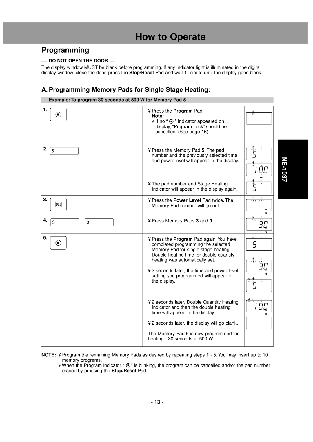 LG Electronics NE-1037, NE-1027 operating instructions Programming Memory Pads for Single Stage Heating 