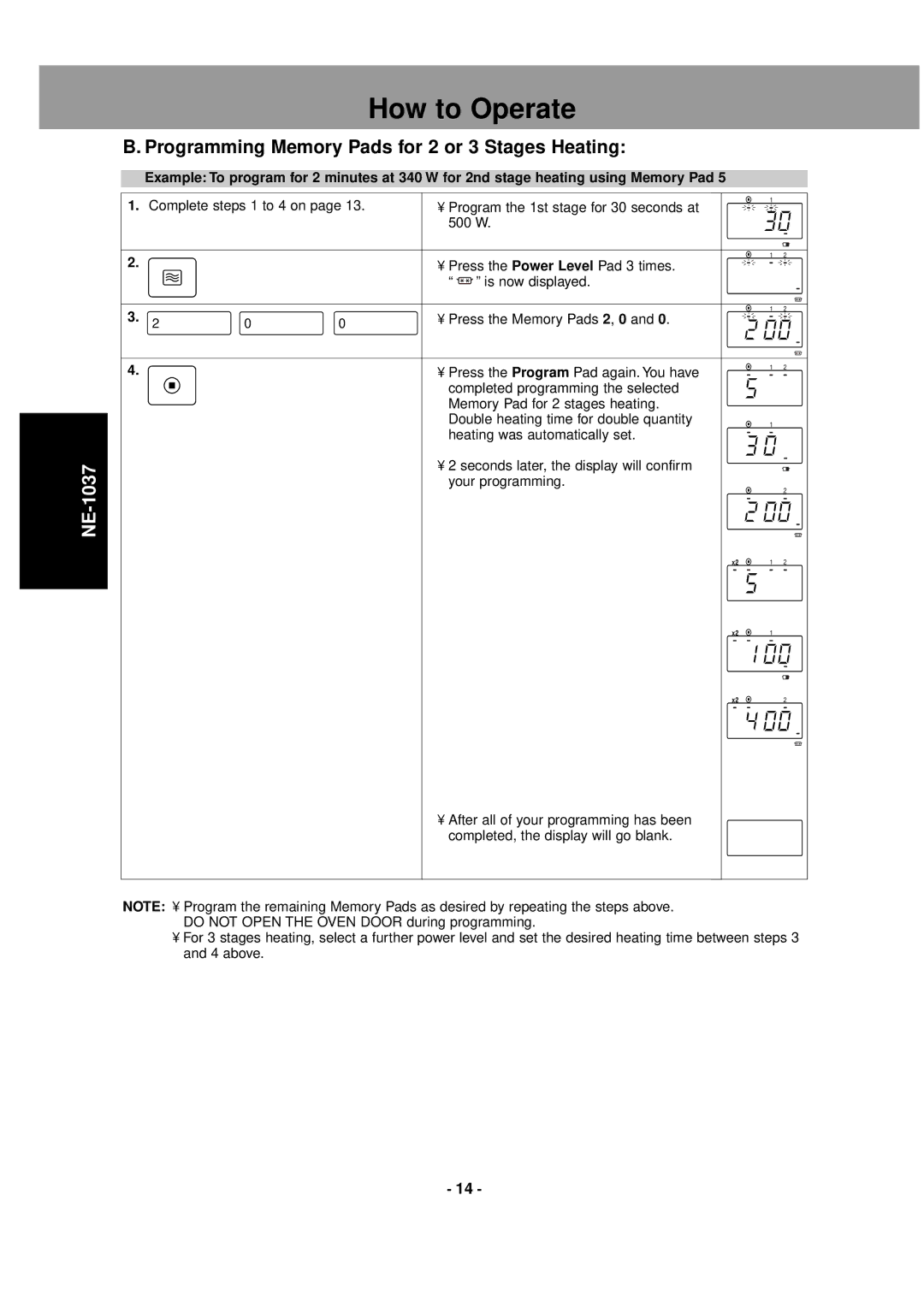 LG Electronics NE-1027, NE-1037 operating instructions Programming Memory Pads for 2 or 3 Stages Heating 