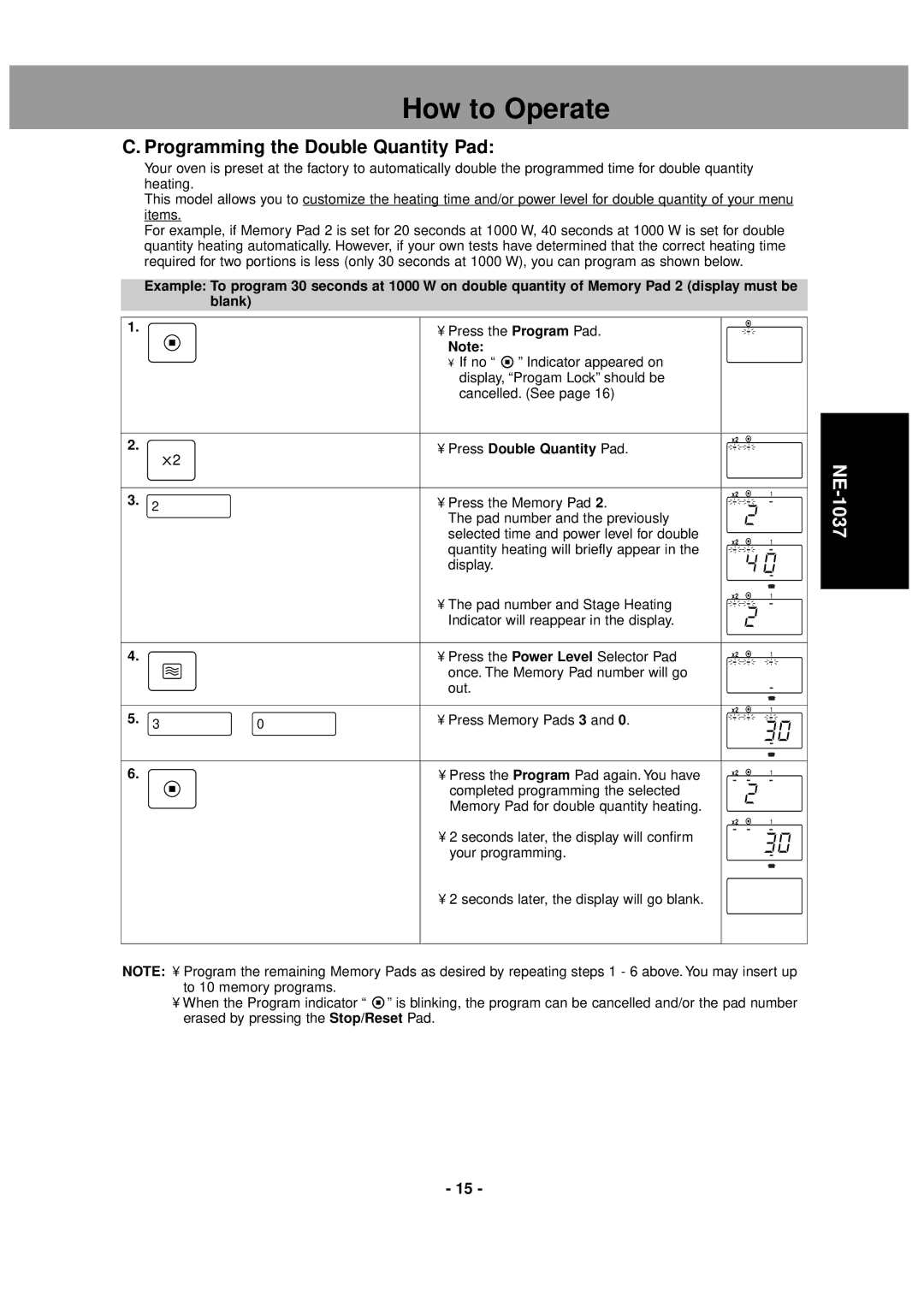 LG Electronics NE-1037, NE-1027 operating instructions Programming the Double Quantity Pad, Press Double Quantity Pad 