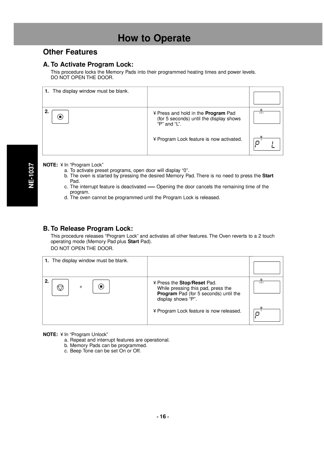 LG Electronics NE-1027, NE-1037 operating instructions Other Features, To Activate Program Lock, To Release Program Lock 