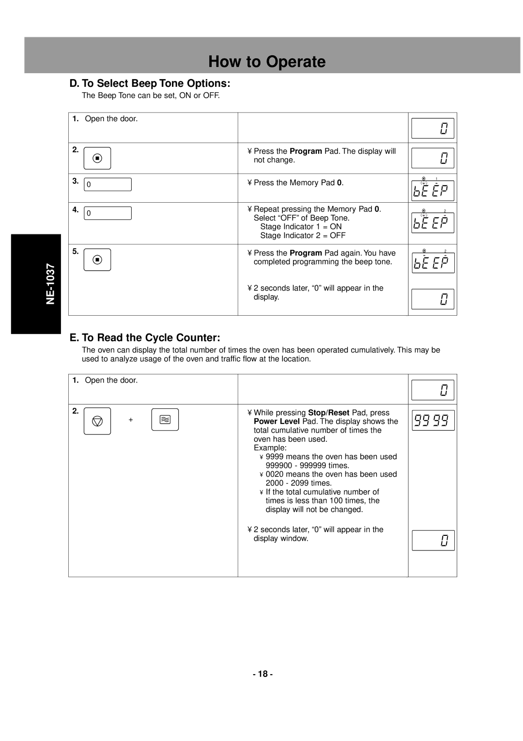 LG Electronics NE-1027, NE-1037 operating instructions To Select Beep Tone Options, To Read the Cycle Counter 