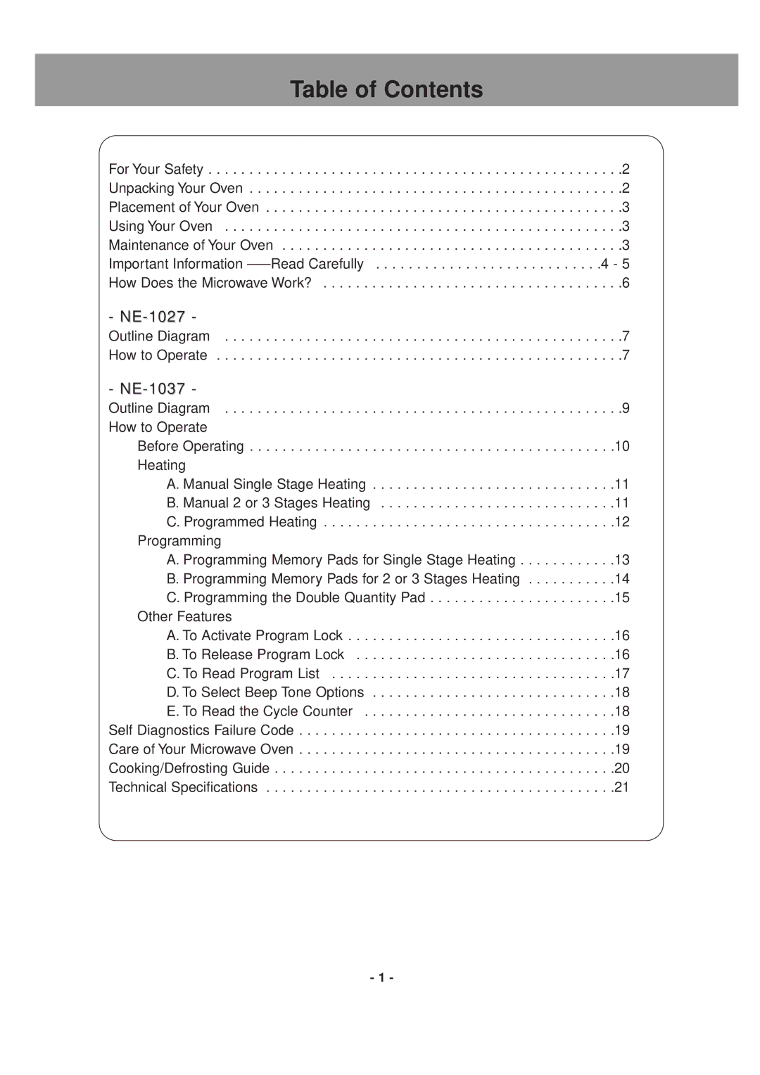 LG Electronics NE-1037, NE-1027 operating instructions Table of Contents 