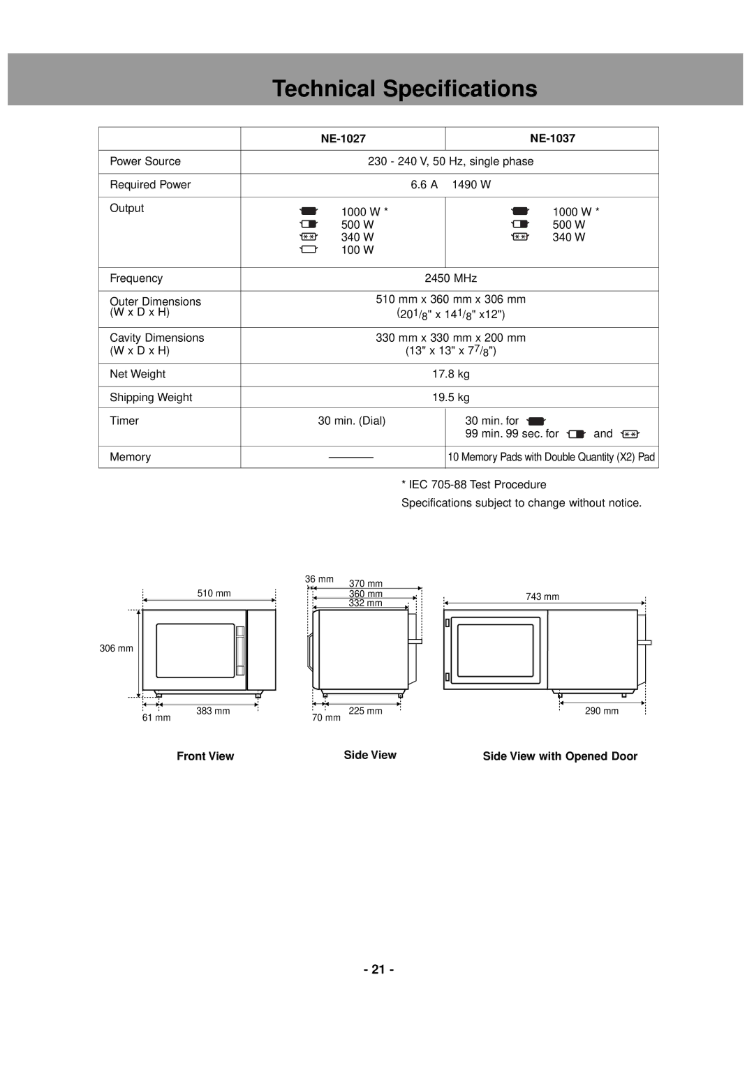 LG Electronics Technical Specifications, NE-1027 NE-1037, Front View Side View Side View with Opened Door 