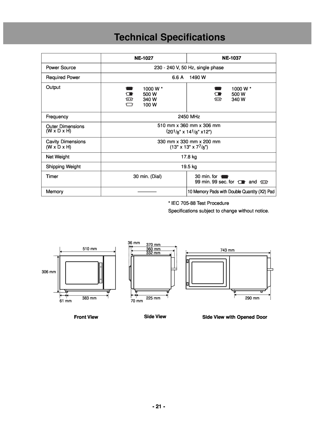 LG Electronics NE-1037 operating instructions Technical Specifications, NE-1027, Front View, Side View with Opened Door 