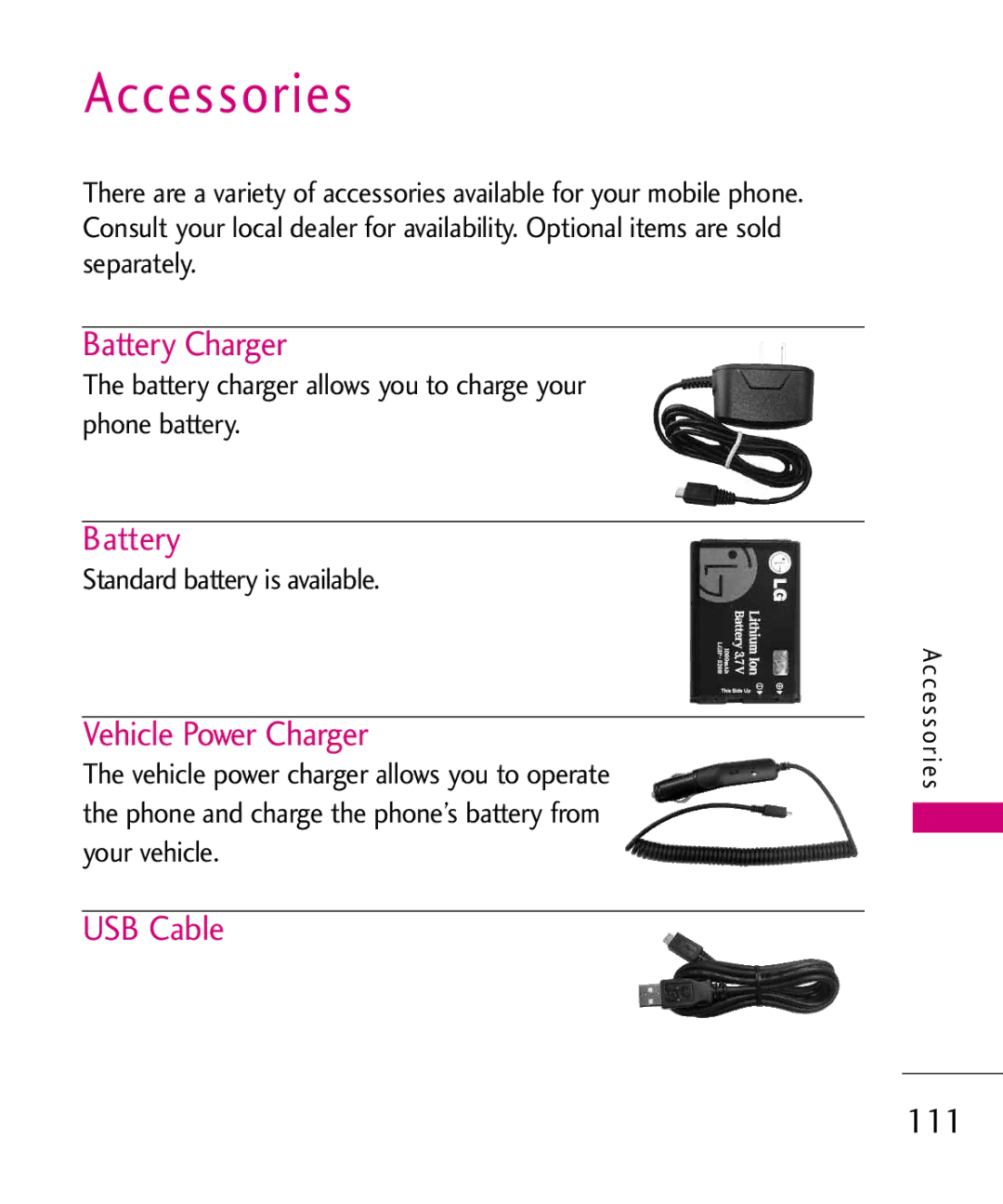 LG Electronics MMBB0382401, Nite manual Accessories, Battery Charger, Vehicle Power Charger, USB Cable 