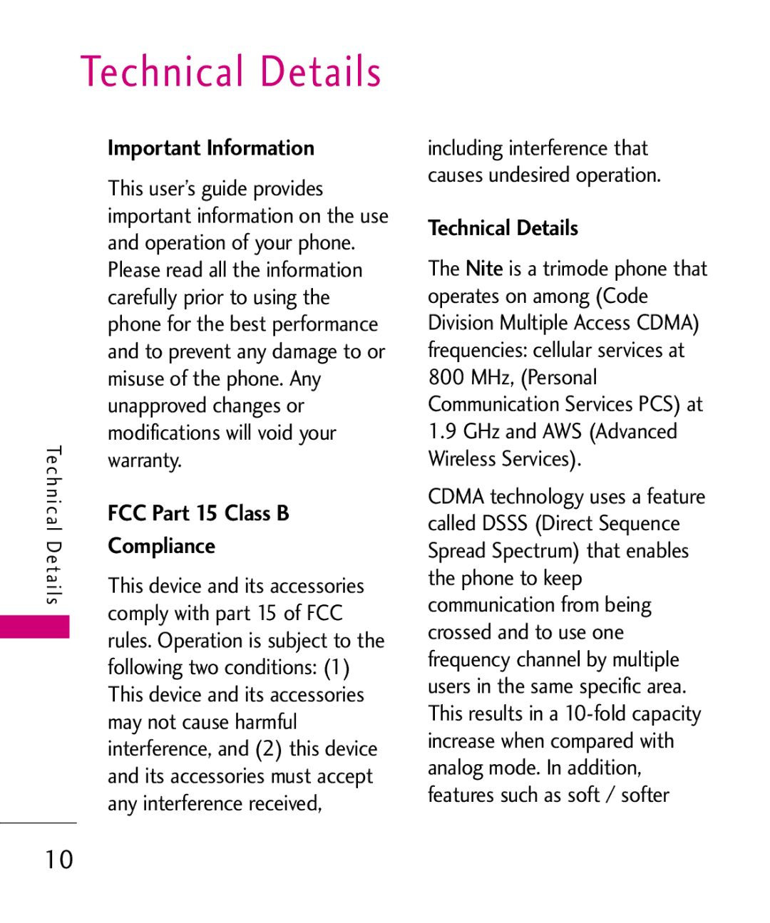 LG Electronics Nite, MMBB0382401 manual Important Information, FCC Part 15 Class B, Compliancewarranty, Technical Details 