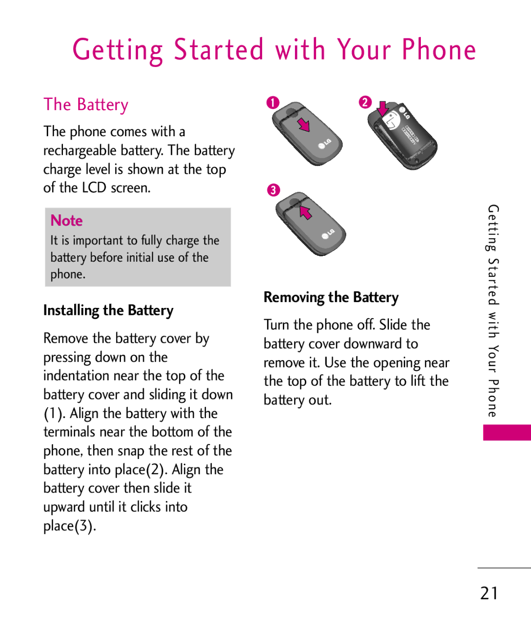 LG Electronics MMBB0382401, Nite manual Getting Started with Your Phone, Installing the Battery, Removing the Battery 