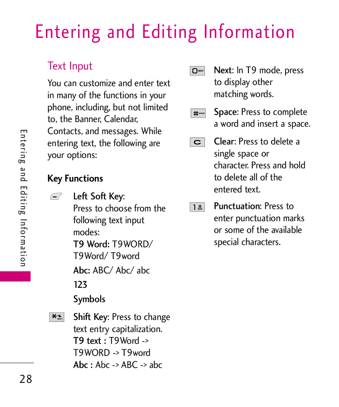 LG Electronics Nite, MMBB0382401 manual Entering and Editing Information, Text Input, Key Functions 