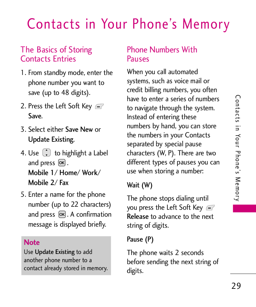 LG Electronics MMBB0382401, Nite manual Phone Numbers With Pauses, Mobile Fax, Press the Left Soft Key Save 