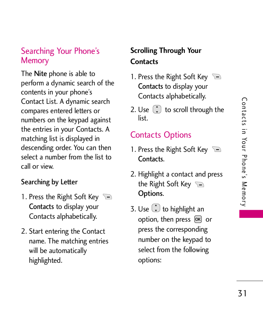 LG Electronics MMBB0382401, Nite manual Searching Your Phone’s Memory, Contacts Options, Scrolling Through Your Contacts 