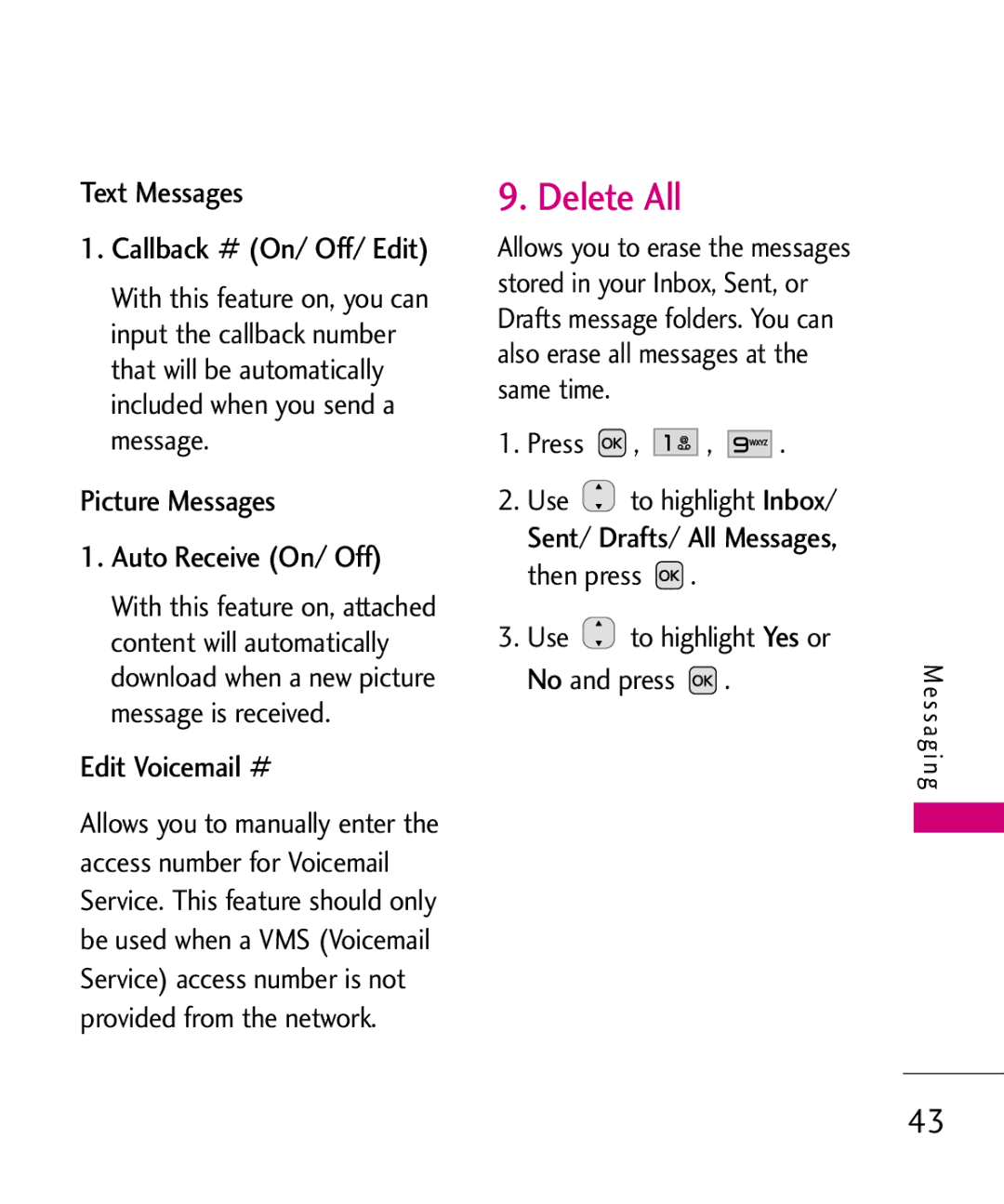 LG Electronics MMBB0382401, Nite Delete All, Text Messages Callback # On/ Off/ Edit, Picture Messages Auto Receive On/ Off 