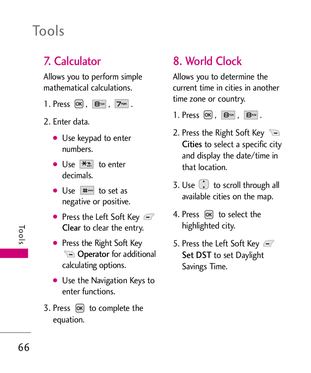 LG Electronics Nite, MMBB0382401 manual Calculator, World Clock 