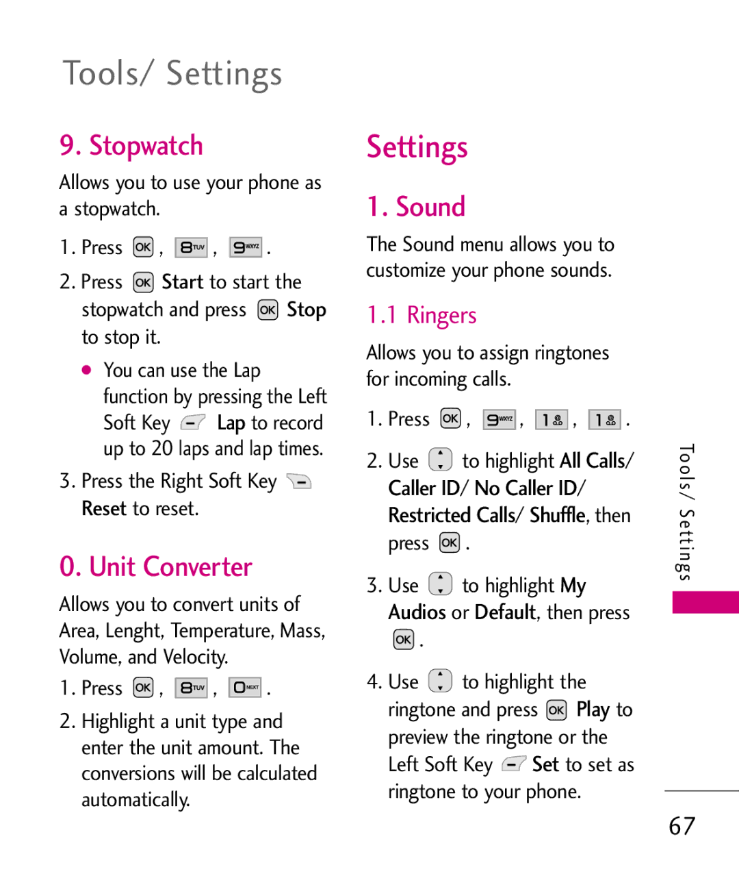 LG Electronics MMBB0382401, Nite manual Tools/ Settings, Stopwatch, Unit Converter, Sound 