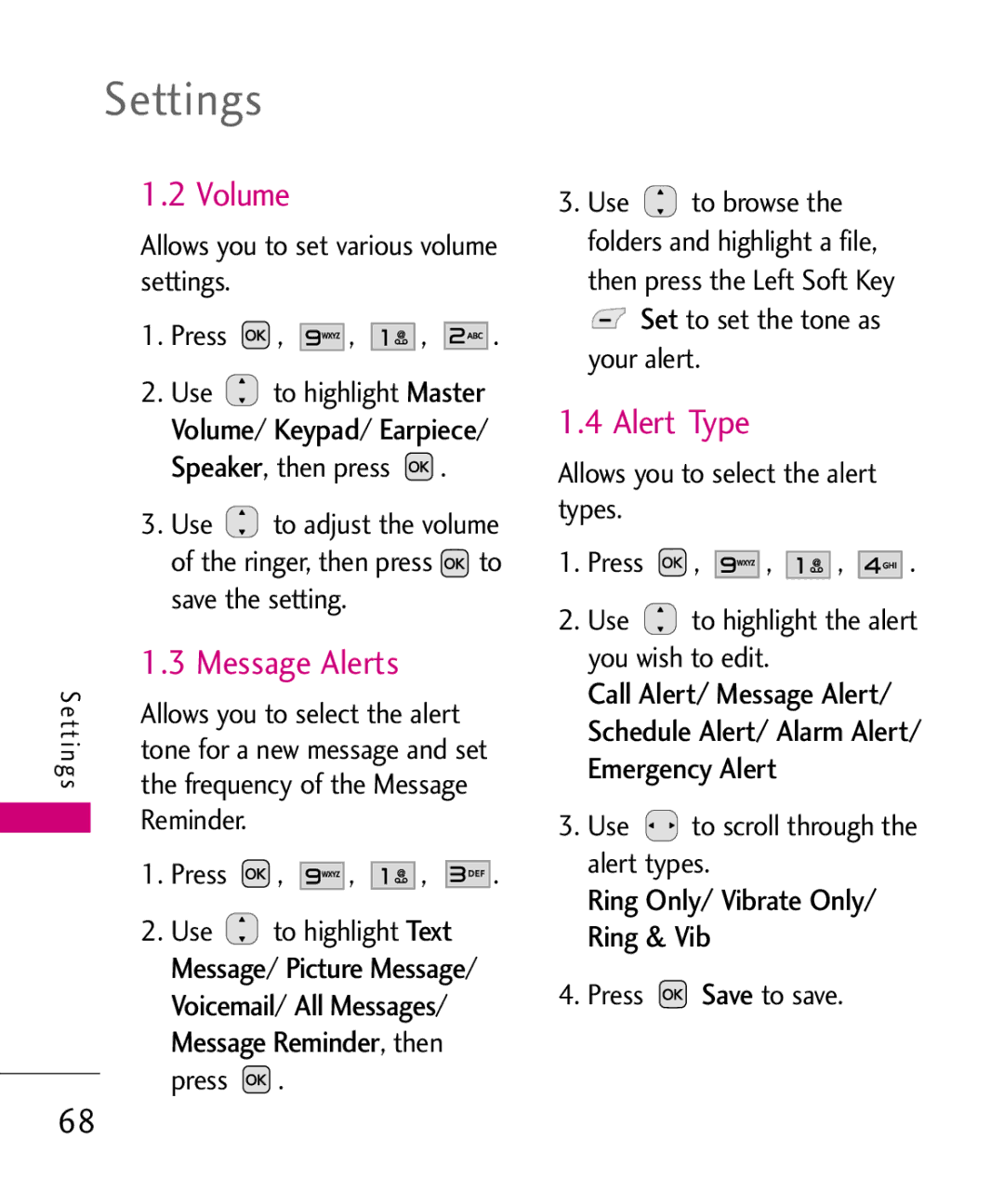 LG Electronics Nite, MMBB0382401 manual Settings, Volume, Message Alerts, Alert Type 