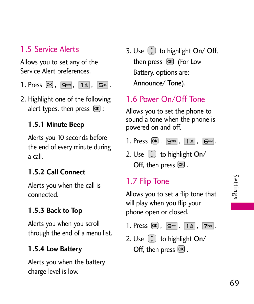 LG Electronics MMBB0382401, Nite manual Service Alerts, Power On/Off Tone, Flip Tone 