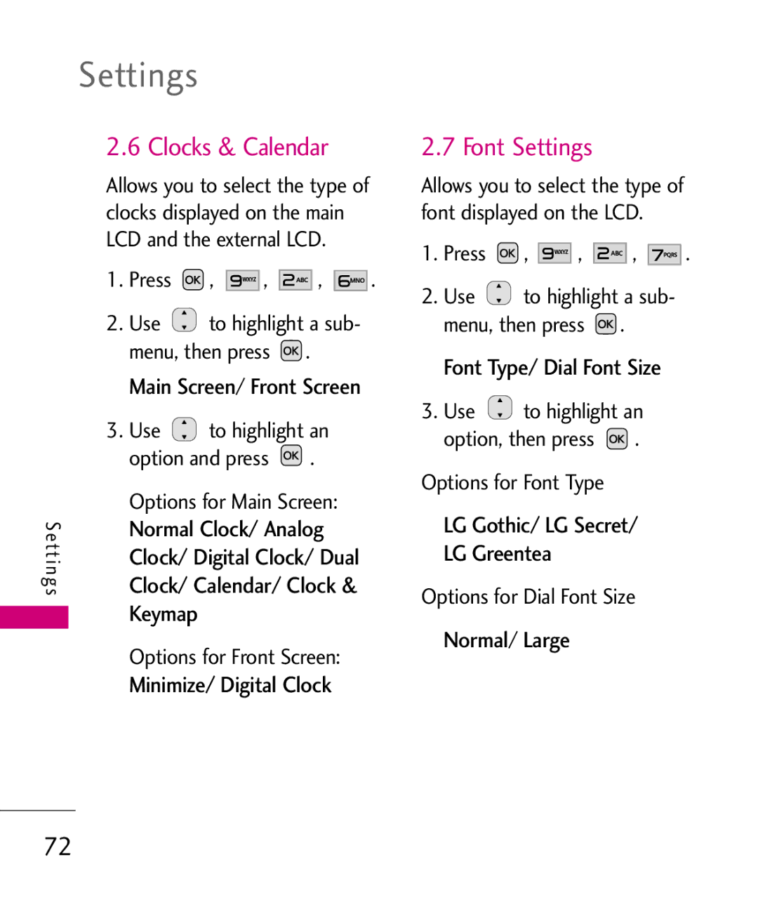 LG Electronics Nite, MMBB0382401 manual Clocks & Calendar, Font Settings 