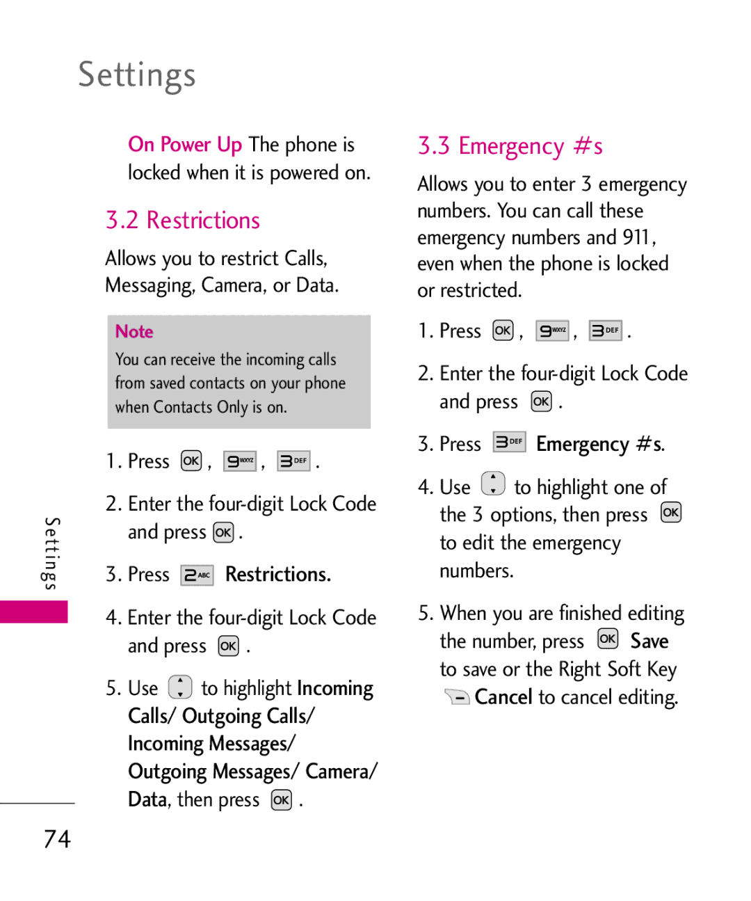 LG Electronics Nite, MMBB0382401 manual Restrictions, Calls/ Outgoing Calls, Press Emergency #s 