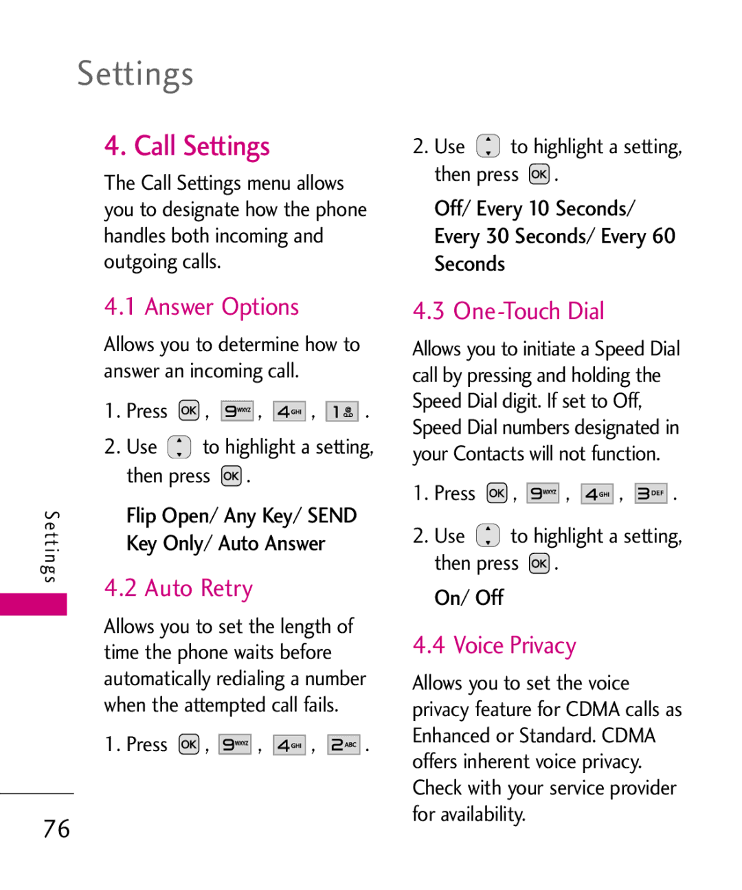 LG Electronics Nite, MMBB0382401 manual Call Settings, Answer Options, Auto Retry, One-Touch Dial, Voice Privacy 